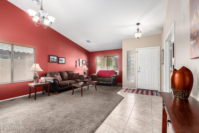 15994 W Bartlett Ave, Goodyear, AZ 85338 - living area with a notable chandelier, light carpet, light tile patterned floors, visible vents, and lofted ceiling
