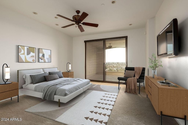 carpeted bedroom with ceiling fan and access to outside