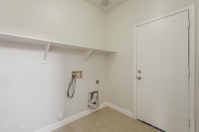 laundry room featuring light tile patterned floors, baseboards, hookup for an electric dryer, laundry area, and washer hookup