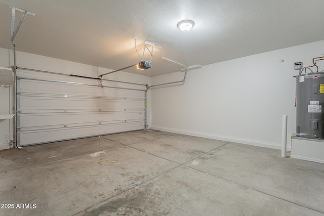 garage with water heater, a garage door opener, and baseboards