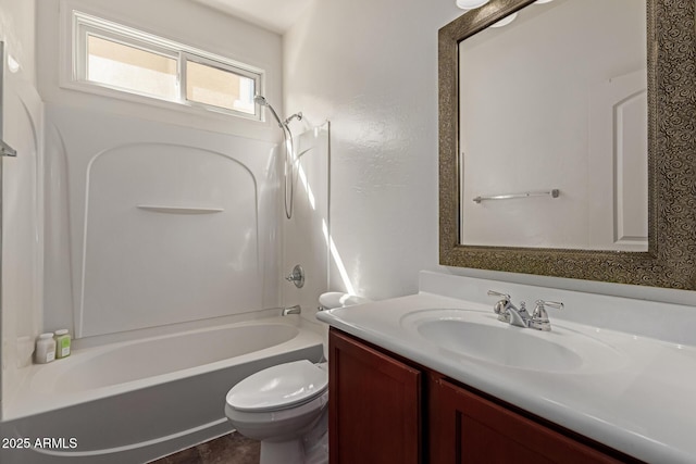 full bath with shower / washtub combination, toilet, and vanity