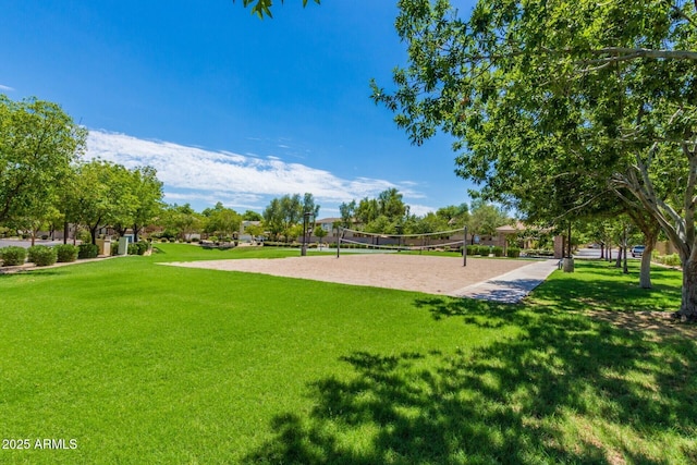 view of property's community featuring volleyball court and a lawn