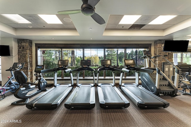 gym featuring a raised ceiling, a paneled ceiling, a wealth of natural light, and ceiling fan