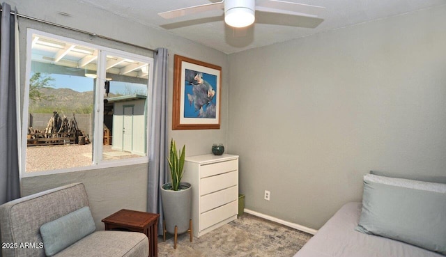 bedroom with carpet floors, access to outside, baseboards, and ceiling fan