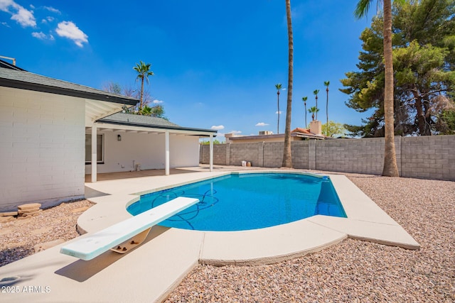 3008 S Saguaro Cir, Mesa, AZ 85202 - view of swimming pool with a patio area, a fenced backyard, and a diving board