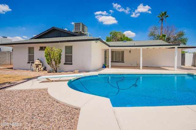 3008 S Saguaro Cir, Mesa, AZ 85202 - view of pool with a patio, cooling unit, and a diving board