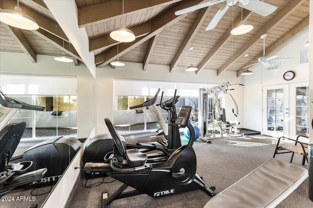 gym with carpet flooring, french doors, wood ceiling, ceiling fan, and high vaulted ceiling