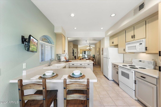 kitchen with sink, an inviting chandelier, kitchen peninsula, white appliances, and a kitchen bar