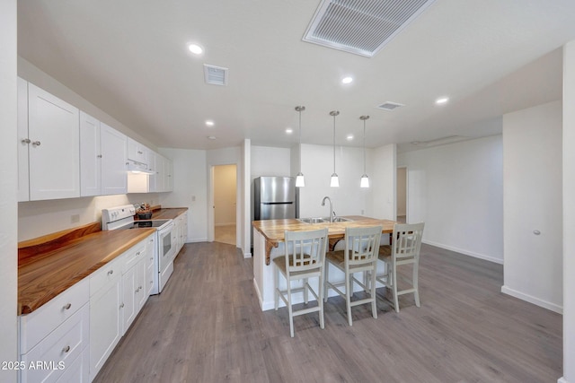 kitchen with electric range, visible vents, freestanding refrigerator, and wooden counters