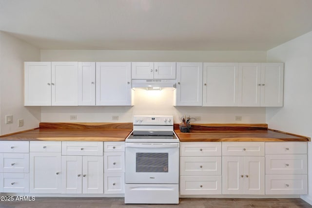 kitchen featuring electric range, white cabinets, under cabinet range hood, and butcher block counters