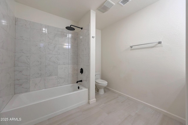 full bathroom with shower / bathing tub combination, toilet, baseboards, and visible vents