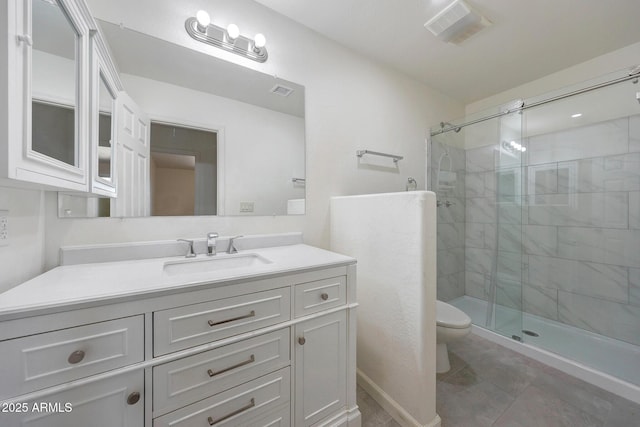 bathroom featuring visible vents, toilet, a stall shower, and vanity