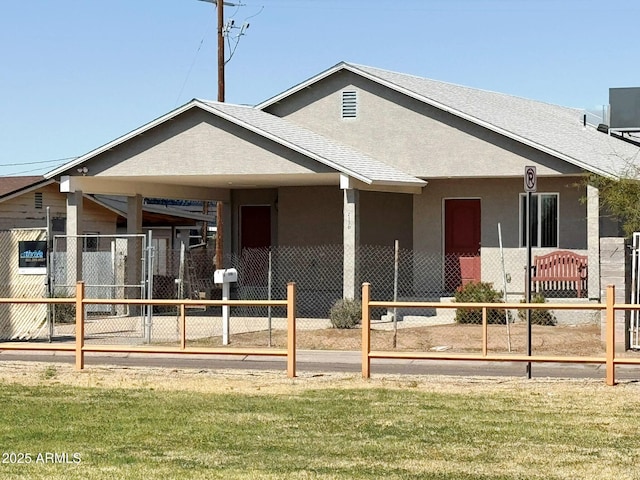 view of front of home featuring stucco siding, central air condition unit, a shingled roof, and fence