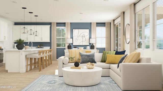 living room featuring sink and light hardwood / wood-style flooring