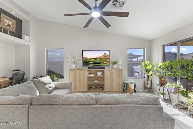 15969 W Adams St, Goodyear, AZ 85338 - living area featuring vaulted ceiling, ceiling fan, carpet floors, and an office area