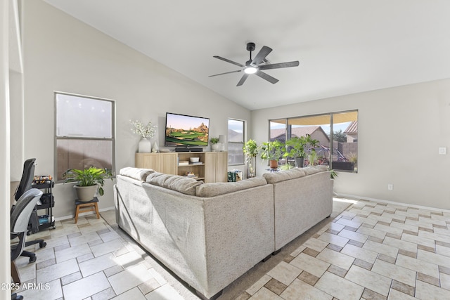 15969 W Adams St, Goodyear, AZ 85338 - living room with vaulted ceiling, ceiling fan, and plenty of natural light
