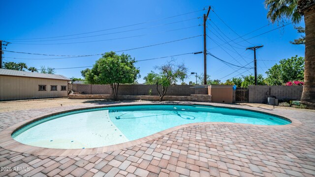 view of pool featuring a fenced backyard, a patio area, and a fenced in pool