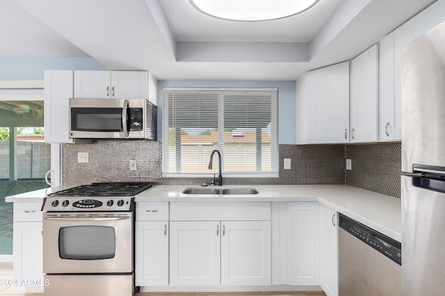 kitchen with sink, white cabinets, stainless steel appliances, and a raised ceiling