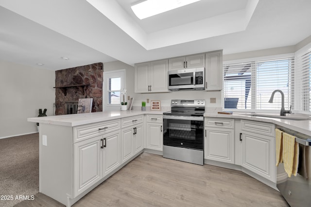 kitchen featuring sink, white cabinetry, kitchen peninsula, a raised ceiling, and stainless steel appliances