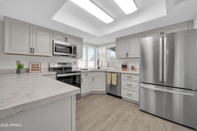 kitchen with sink, a tray ceiling, stainless steel appliances, and light hardwood / wood-style floors