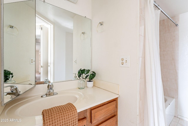 full bathroom featuring shower / bath combination with curtain and vanity