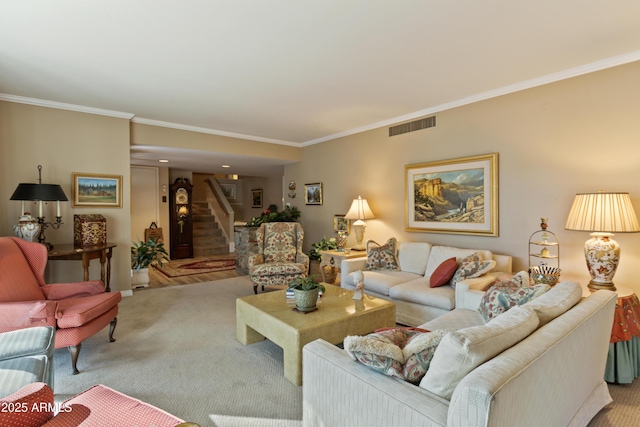 living room with carpet and crown molding