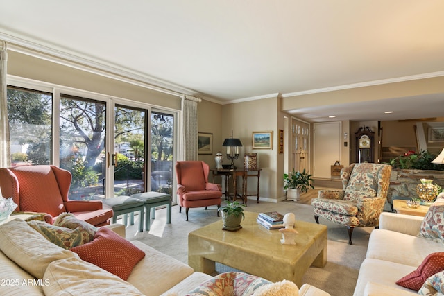 living room featuring light carpet and crown molding