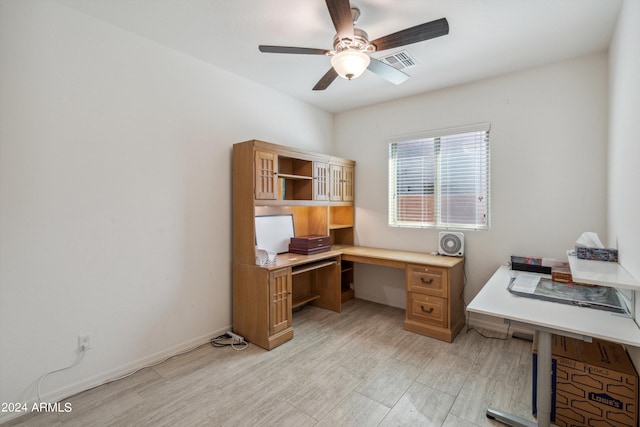 office space with ceiling fan and light hardwood / wood-style flooring