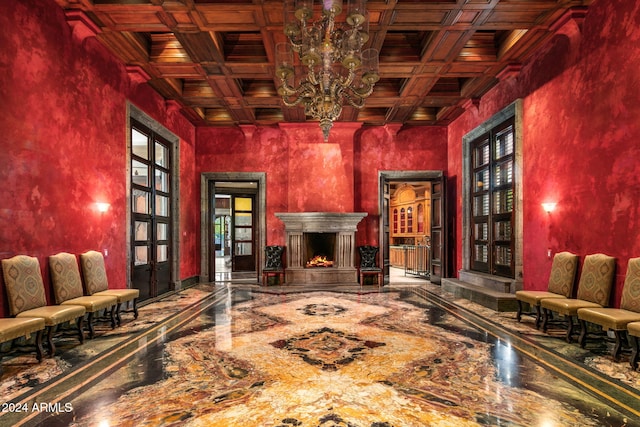 interior space with beamed ceiling, wooden ceiling, and coffered ceiling