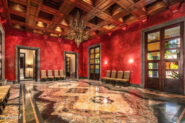 miscellaneous room with a chandelier, beam ceiling, wood ceiling, and coffered ceiling