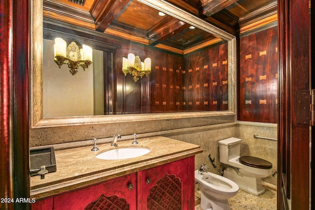 bathroom featuring a bidet, toilet, beam ceiling, and coffered ceiling