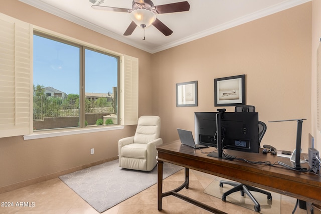 home office with ornamental molding, ceiling fan, and light tile patterned floors