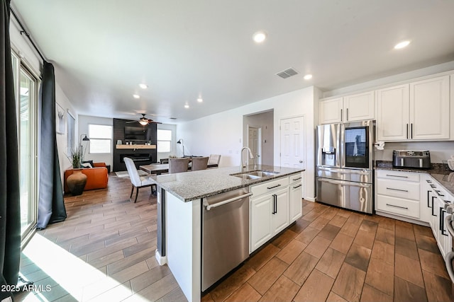 1713 W Cottonwood Ln, Phoenix, AZ 85045 - kitchen featuring appliances with stainless steel finishes, wood finish floors, a fireplace, and a sink