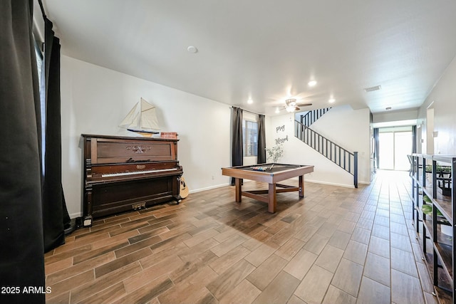 1713 W Cottonwood Ln, Phoenix, AZ 85045 - rec room featuring ceiling fan, pool table, visible vents, baseboards, and wood tiled floor
