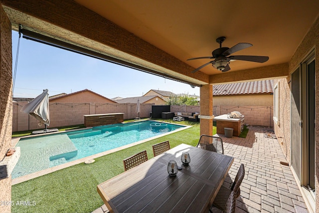 1713 W Cottonwood Ln, Phoenix, AZ 85045 - view of patio featuring outdoor dining space, a fenced backyard, a fenced in pool, and a ceiling fan