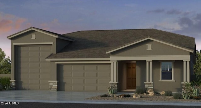 view of front of home featuring a garage, concrete driveway, stucco siding, a porch, and roof with shingles