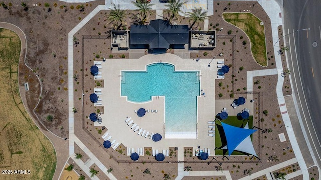drone / aerial view of a pool area