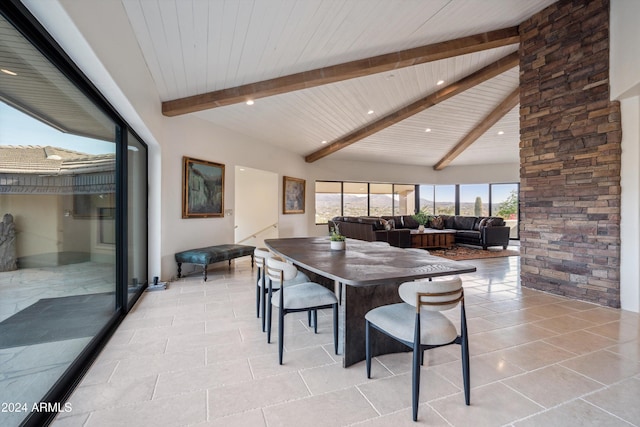 dining space with lofted ceiling with beams and wooden ceiling