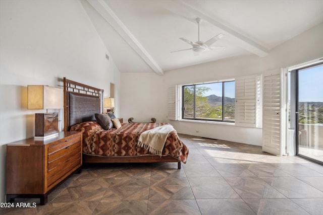 bedroom featuring vaulted ceiling with beams, ceiling fan, dark parquet flooring, and access to outside