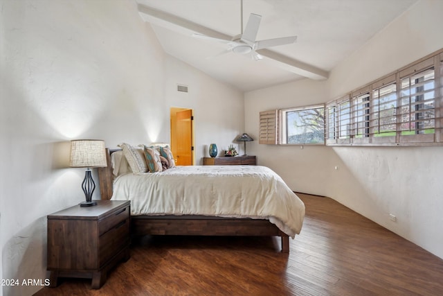 bedroom with vaulted ceiling with beams, dark hardwood / wood-style flooring, and ceiling fan