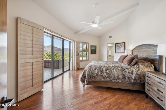 bedroom with access to exterior, dark hardwood / wood-style flooring, ceiling fan, high vaulted ceiling, and a mountain view