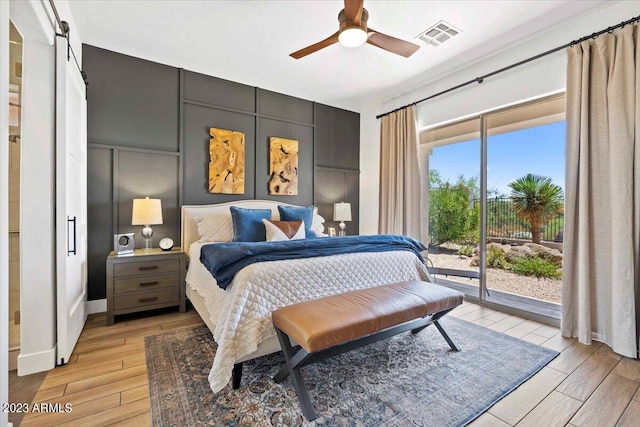 bedroom with ceiling fan, access to outside, and light wood-type flooring