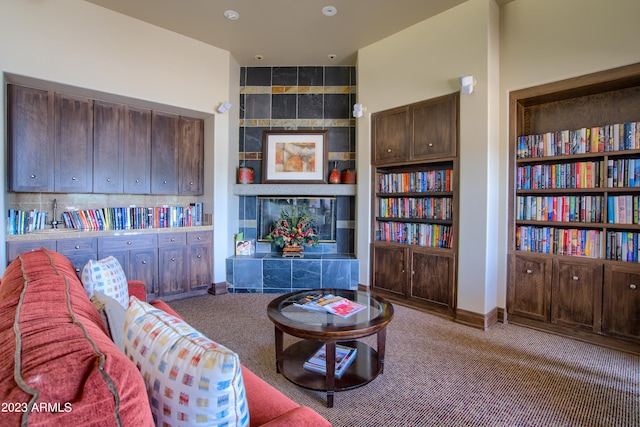 living room with built in features, sink, and carpet