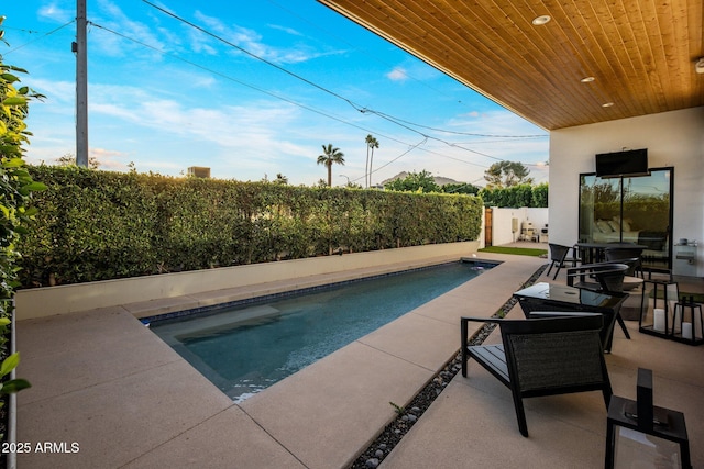 view of swimming pool with a fenced backyard and a patio