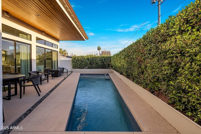 view of swimming pool with a fenced backyard and a patio area