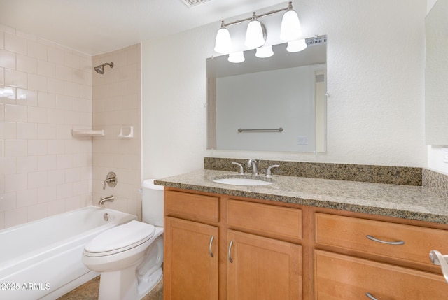 full bath featuring shower / tub combination, visible vents, toilet, and vanity