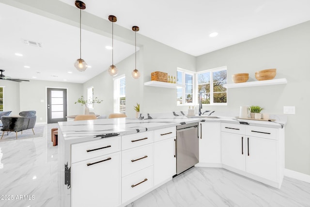 2926 N 16th Ave, Phoenix, AZ 85015 - kitchen with open shelves, dishwasher, a sink, a peninsula, and light stone countertops