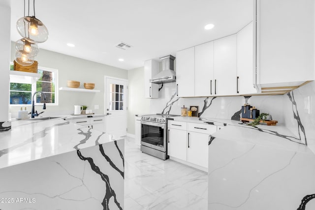 2926 N 16th Ave, Phoenix, AZ 85015 - kitchen featuring stainless steel electric range, light stone countertops, visible vents, wall chimney exhaust hood, and a sink