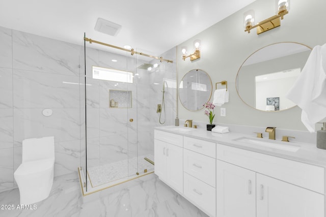 2926 N 16th Ave, Phoenix, AZ 85015 - bathroom featuring double vanity, marble finish floor, a sink, and a marble finish shower