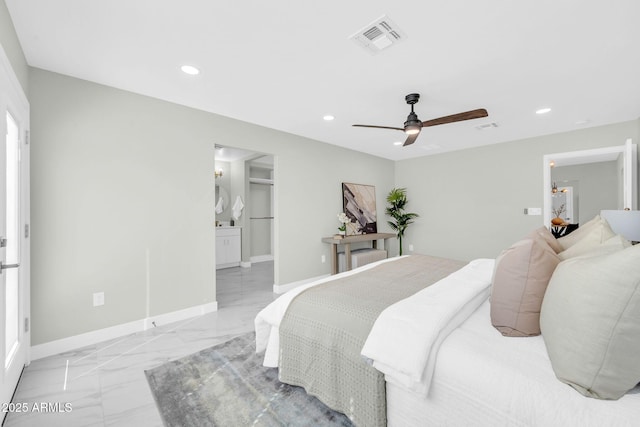 2926 N 16th Ave, Phoenix, AZ 85015 - bedroom with baseboards, recessed lighting, a ceiling fan, visible vents, and marble finish floor